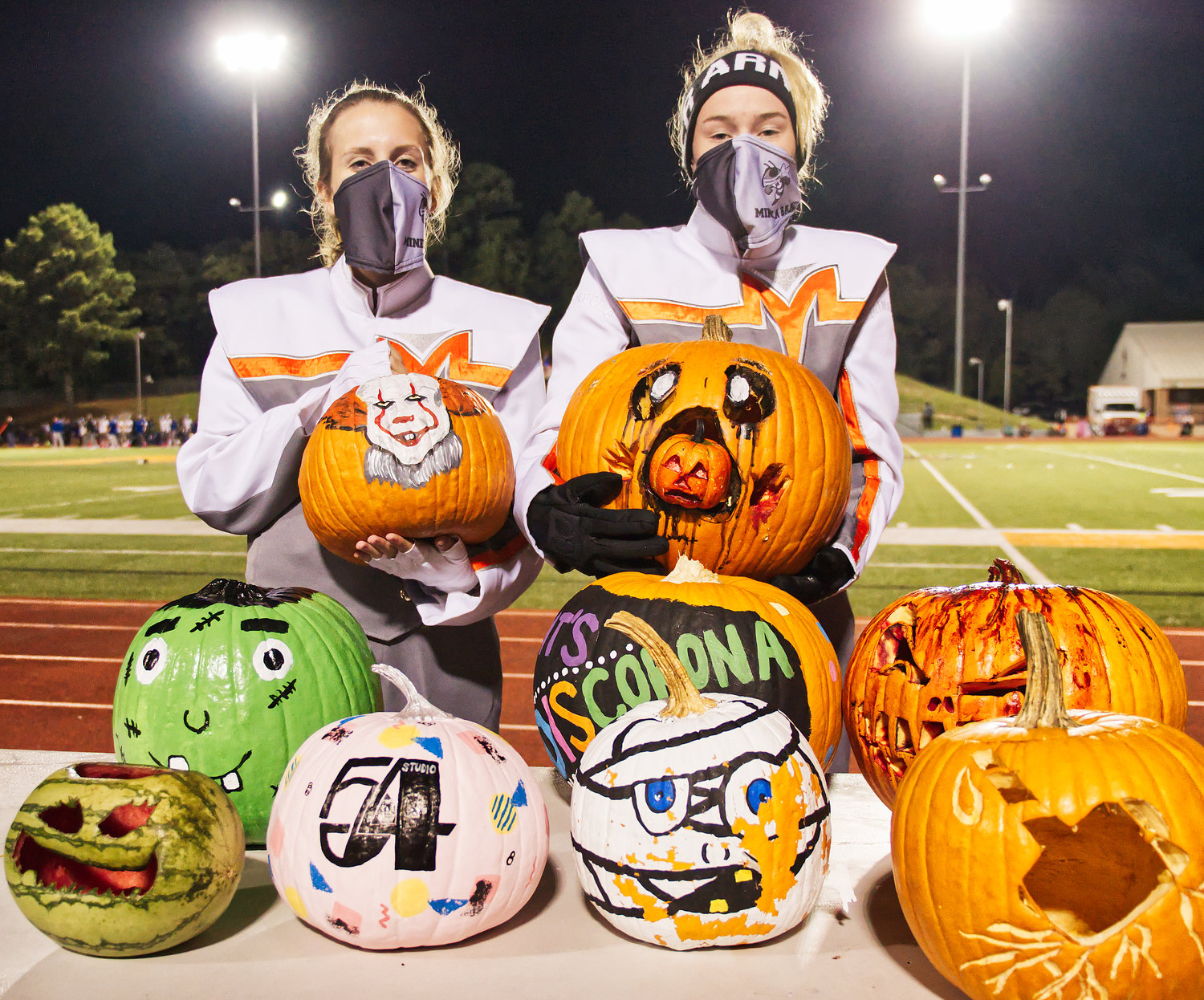 Maddie Tucker and Toni Brannan were winners of the Mineola High School band pumpkin decorating contest.